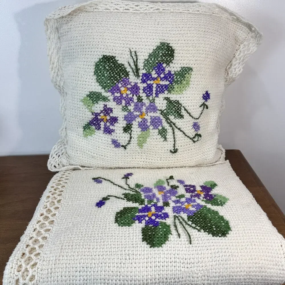 Vintage Handmade Crochet Blanket Throw Afghan Cross Stitch African Violets